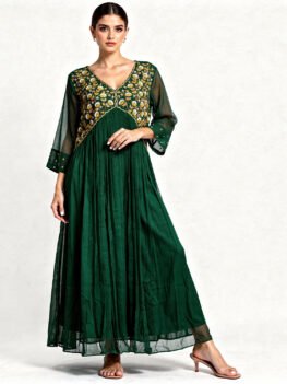 Aline Kurti With Floral Neck Design | Green Color | Fabric _ Georgette