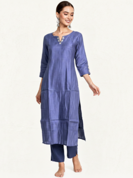 Blue Solid Cord Set with Subtle Embroidery- Cotton Blend