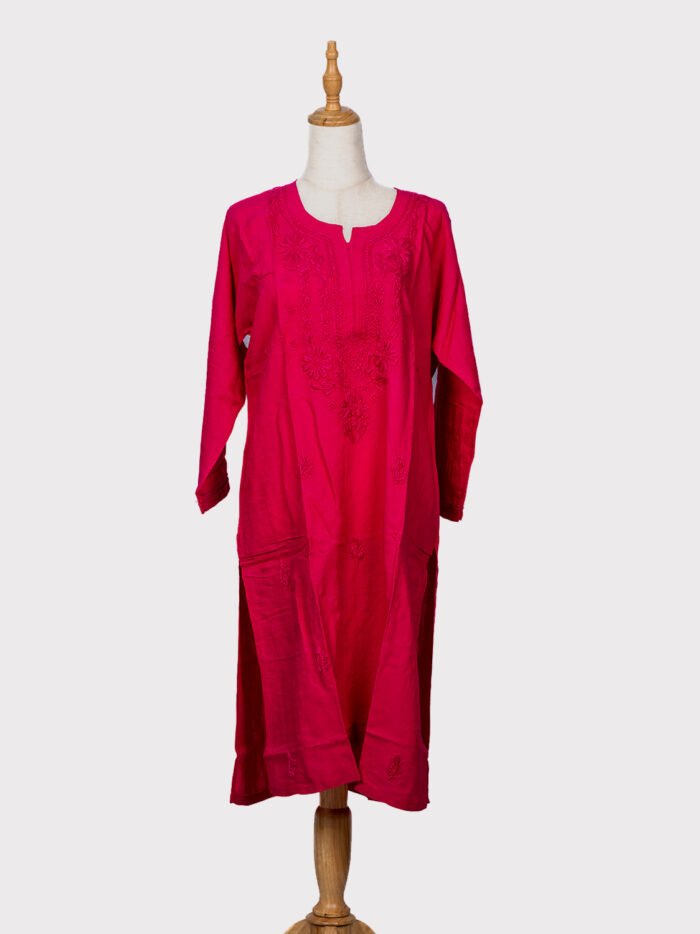 Chikankaari-A-Line-Kurti--Material-Rayon-Cotton--Red-color-1