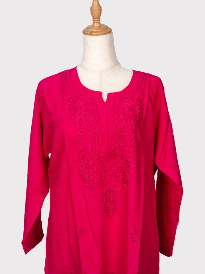 Chikankaari-A-Line-Kurti--Material-Rayon-Cotton--Red-color-2
