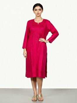 Chikankaari A Line Kurti- Material Rayon Cotton | Color RED