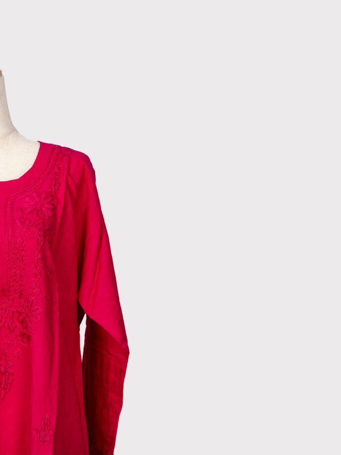 Chikankaari-A-Line-Kurti--Material-Rayon-Cotton--Red-color-4