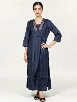 Embroidered Kurta | Navy-Blue | Material-Rayon-Mixed-Cotton
